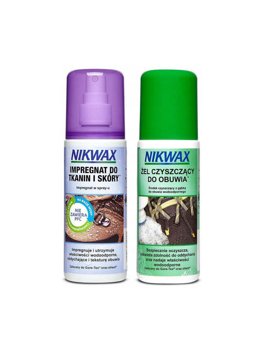 Zestaw pielęgnacyjny Nikwax Twin Pack: Żel czyszczący do obuwia &amp; impregnat tkanina i skóra spray-on - 2x125 ml
